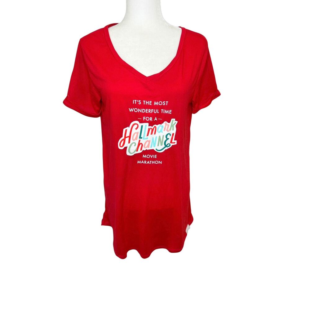 Hallmark Channel Christmas Movie Marathon Red Long T-Shirt Sleepshirt M/L